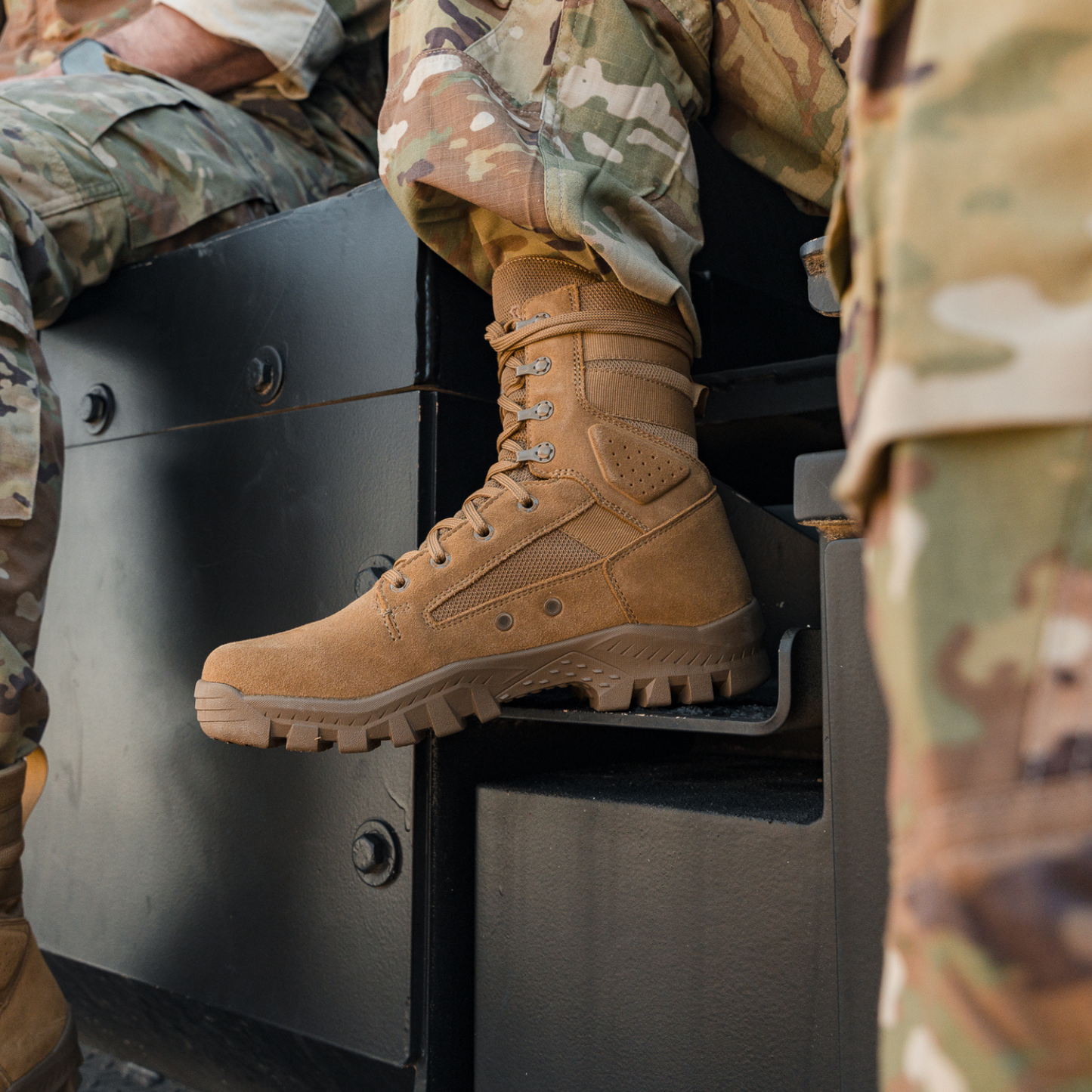 Garmont T8 Defense 8-inch coyote boot, opposite side profile highlighting ankle padding and mesh ventilation