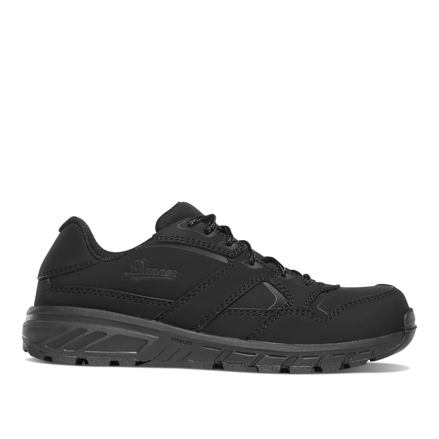 Black sneaker with brand logo on a white background