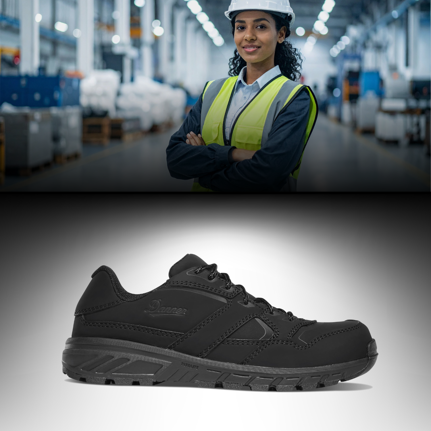 A Woman in a warehouse wearing safety gear with a black Danner work shoe displayed below