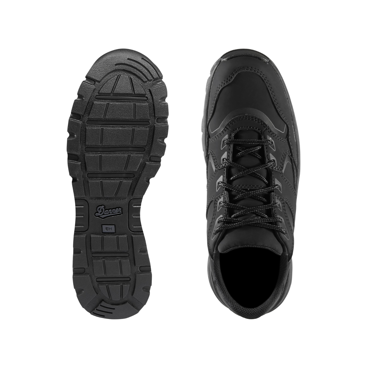 Black Danner sneaker shown from top profile and bottom sole on a white background
