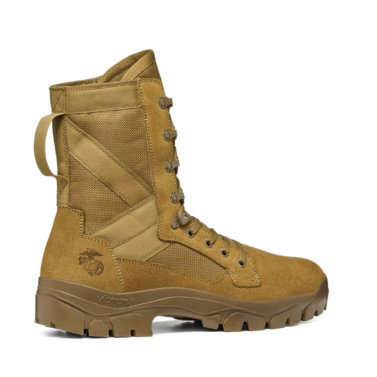 Outer side view of Garmont T8 Bifida USMC Coyote Brown tactical boot highlighting the Marine Corps EGA emblem and Vibram outsole.
