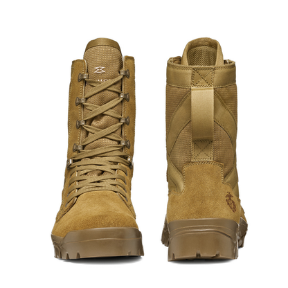 Front and rear views of Garmont T8 Bifida USMC Coyote Brown military boots showing lacing, padded collars, and Marine Corps EGA heel insignia.