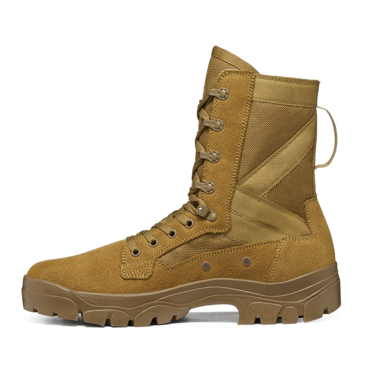 Inner side view of Garmont T8 Bifida USMC Coyote Brown combat boot featuring suede leather, polyester panels, and speed-lacing hardware.