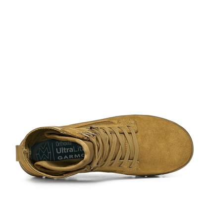 Top view of Garmont T8 Bifida USMC Coyote Brown tactical boot showing suede toe, speed-lacing system, and Ortholite footbed.