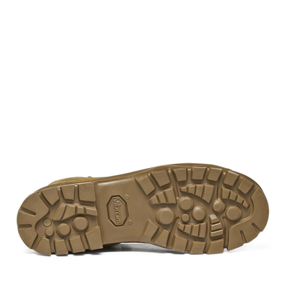 Garmont T8 Bifida USMC Coyote Brown military boot outsole showing Vibram rubber tread with deep, multidirectional traction lugs.