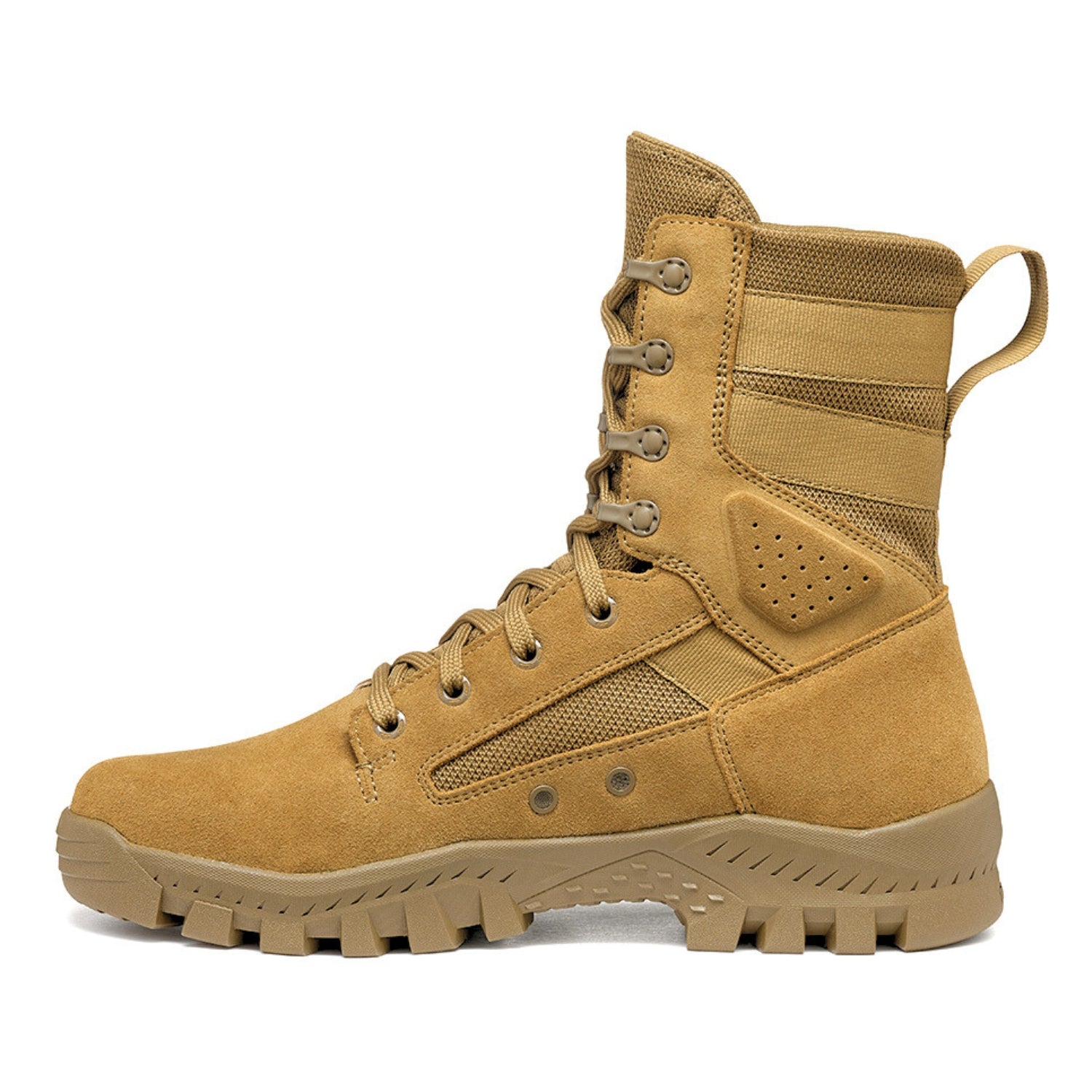 Garmont T8 Defense 8-inch military boot in coyote tan, side profile showing suede and mesh panels