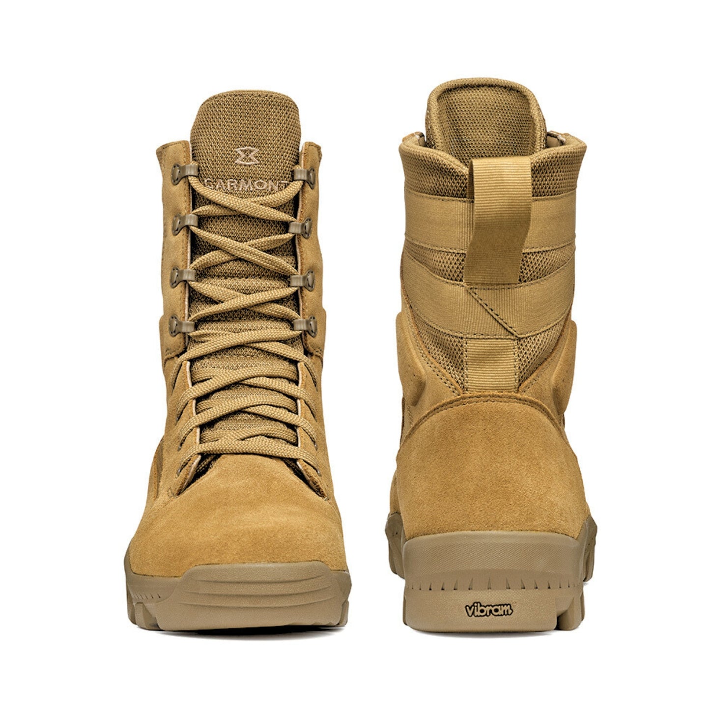 Front and rear views of Garmont T8 Defense 8-inch coyote boot showing lace-up tongue and heel pull tab