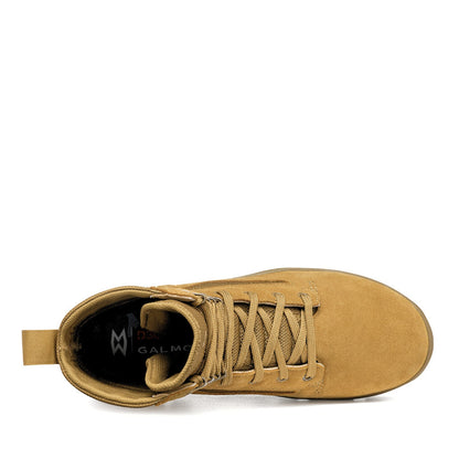 Top view of Garmont T8 Defense 8-inch coyote boot showing laces, padded collar, and suede toe