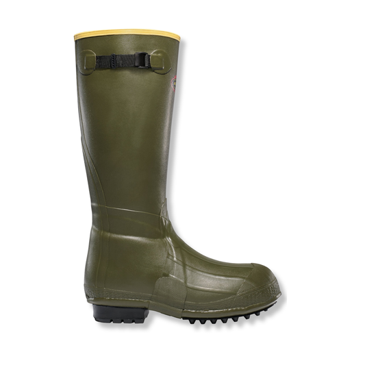 Green rubber boot with a yellow top on a white background