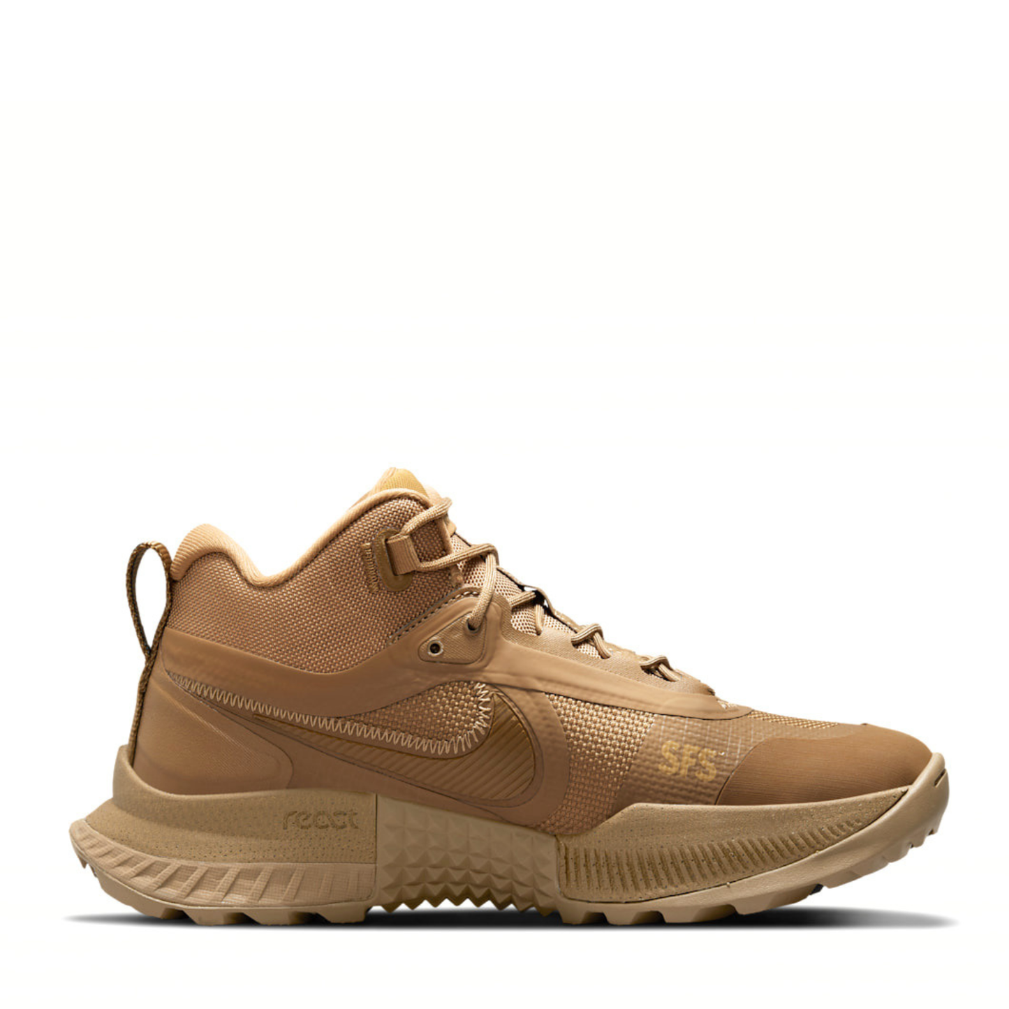 A three-quarter front angle view of the rugged Nike React SFB Carbon Mid Coyote Tactical Boots.