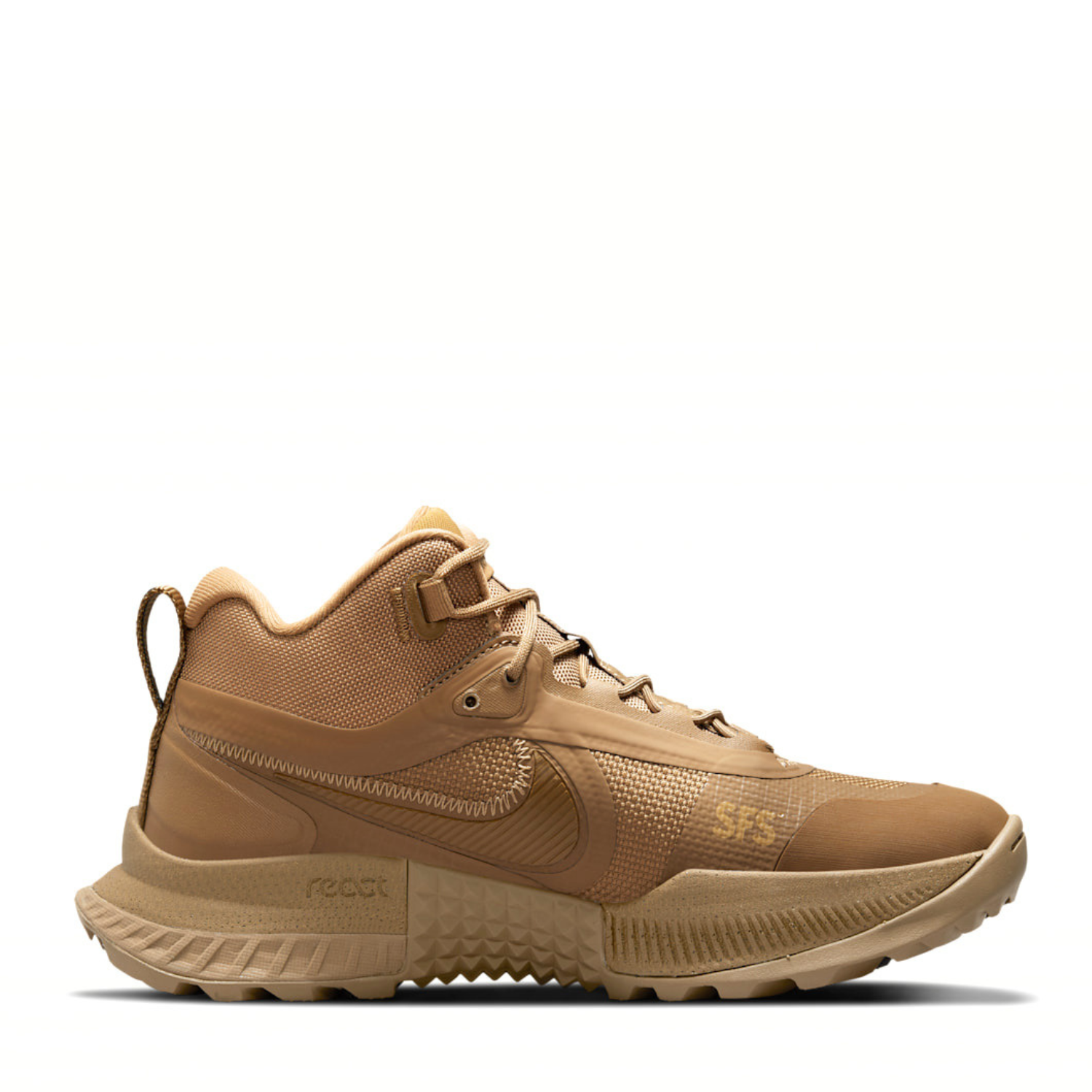 A three-quarter front angle view of the rugged Nike React SFB Carbon Mid Coyote Tactical Boots.