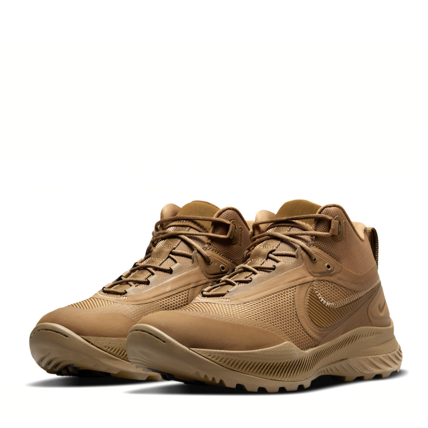 Pair of Nike React SFB Carbon Mid Coyote Tactical Boots showing the top-down view of the lacing system and forefoot mesh.