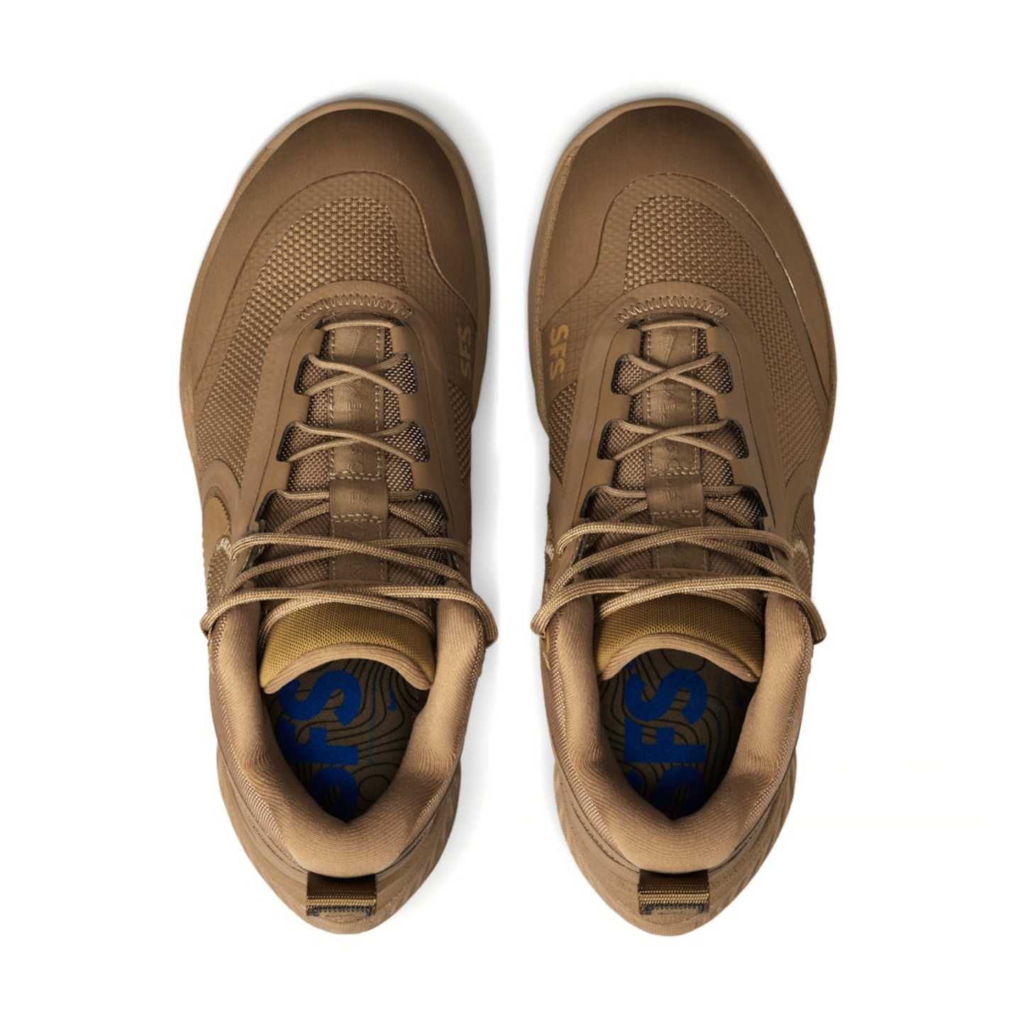 Top perspective of the paired Nike React SFB Carbon Mid Coyote Tactical Boots, displaying the uniform lace pattern.