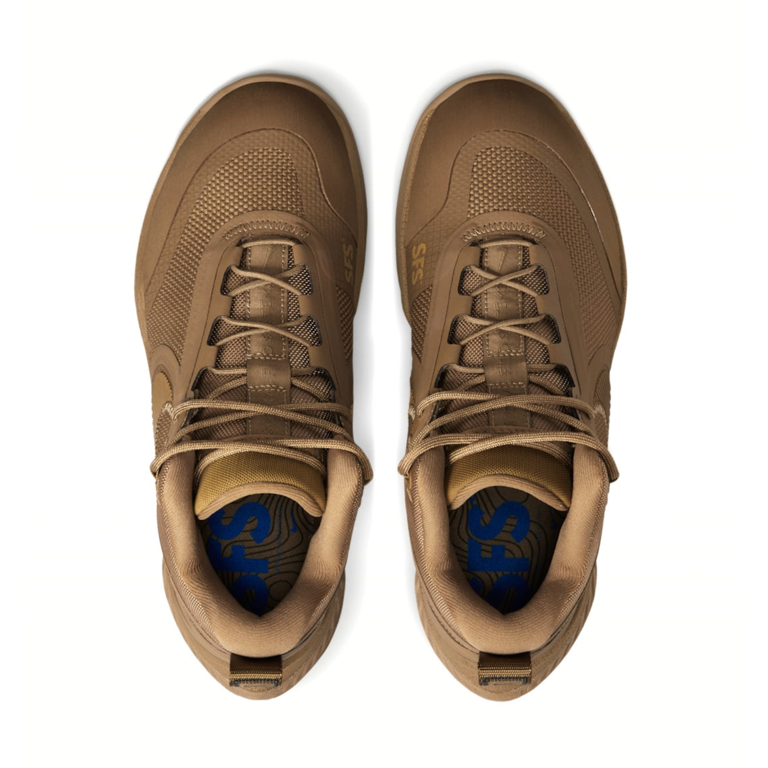 Top perspective of the paired Nike React SFB Carbon Mid Coyote Tactical Boots, displaying the uniform lace pattern.