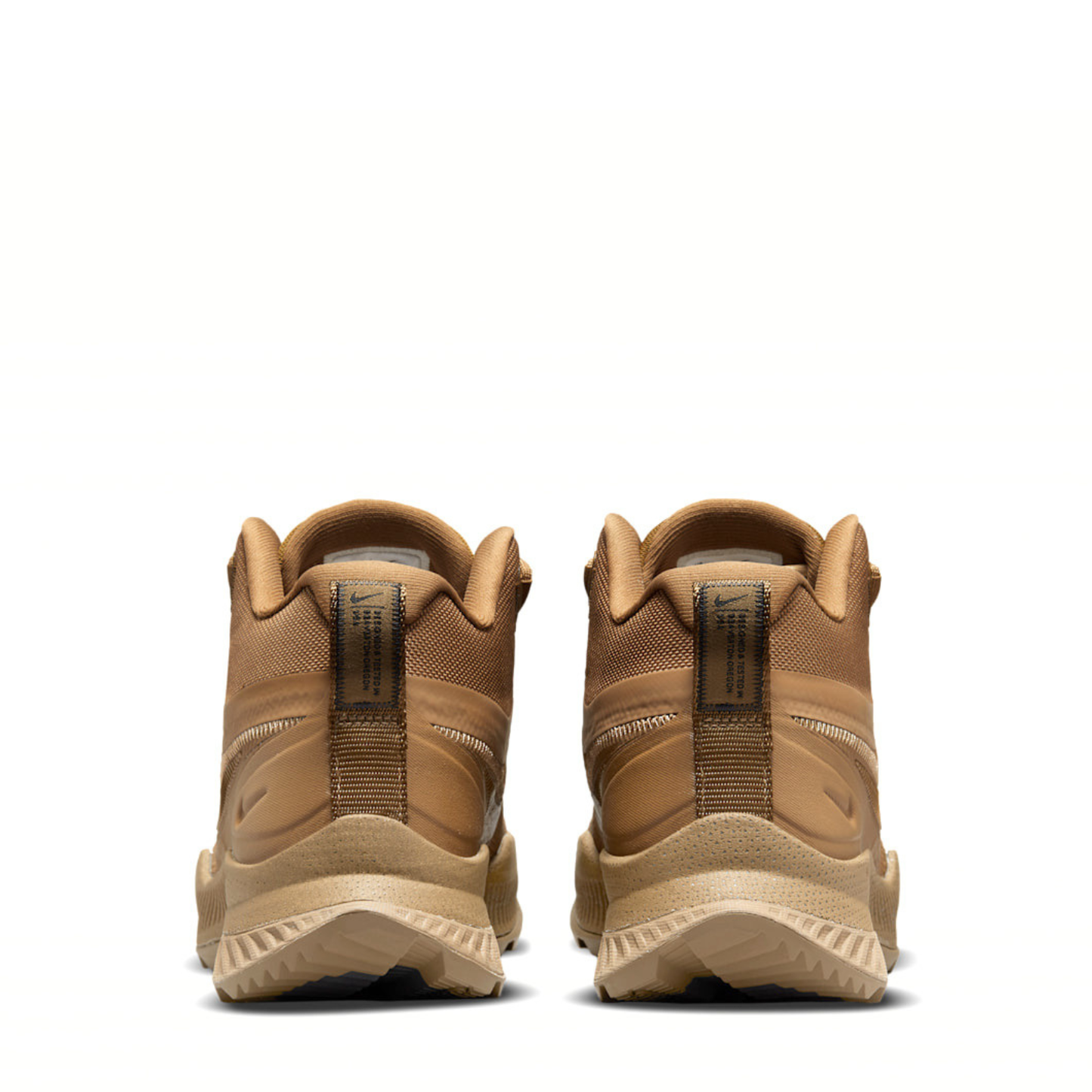 Detailed shot of the rear heel construction and external chassis support on the Nike React SFB Carbon Mid Coyote Tactical Boots.