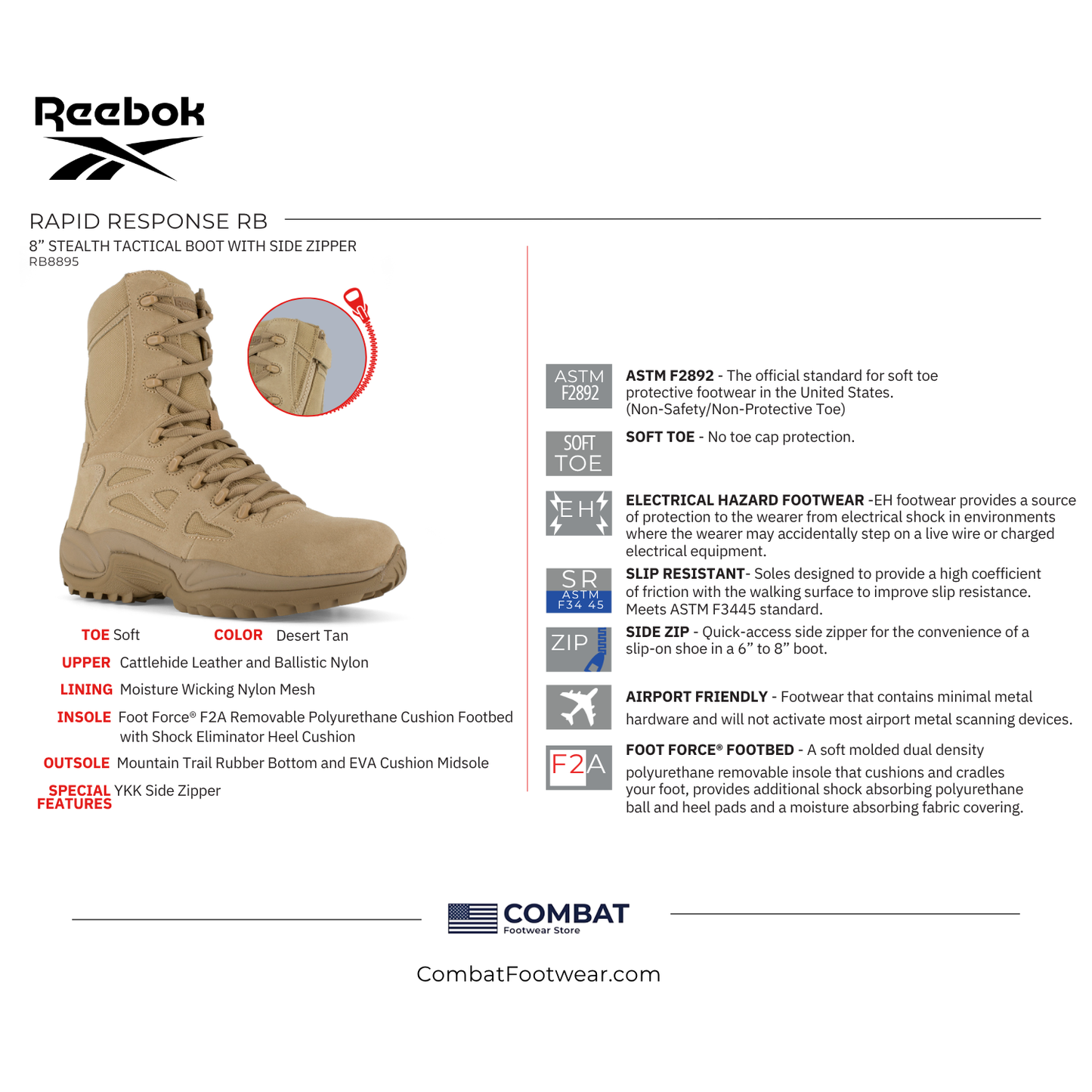 Reebok Rapid Response 8" Stealth Side-Zip Military Boots