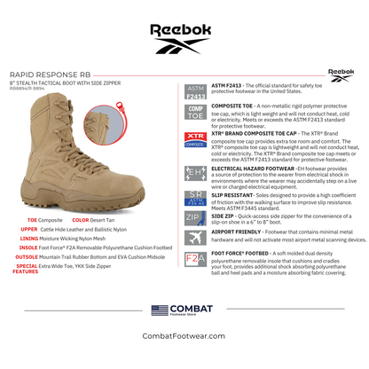 Reebok Women's Rapid Response 8" Stealth Composite Toe Side-Zip Military Boots